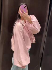 女款時尚百搭拉鍊門襟花瓣袖翻領夾克外套 - 粉色 - 查看 5