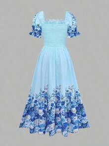Women's Bright Floral Print Waist Splice Vacation Dress, Summer Elegant - Multicolor 4 - Ver 3