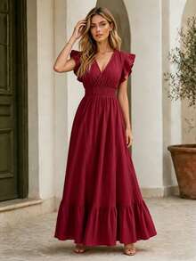 Women's Long Dress With Ruffled Hem, Perfect For Casual Dresses With A Cinched Waist, Perfect For Vacation, Travel, Dates And Holidays. - Red - View 3