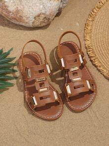 1 Pair Brown Plus Size Children's Flat Sandals, Solid Color Soft PU Hollow Fabric + Gold Rhinestone Decor, Classic Open Toe Soft Non-Slip Slip-On Design, Suitable For 3-12 Years Old Girls, Fashion Elegant Beach/Holiday/Party Wear, Spring/Summer 2026 - Brown - View 2