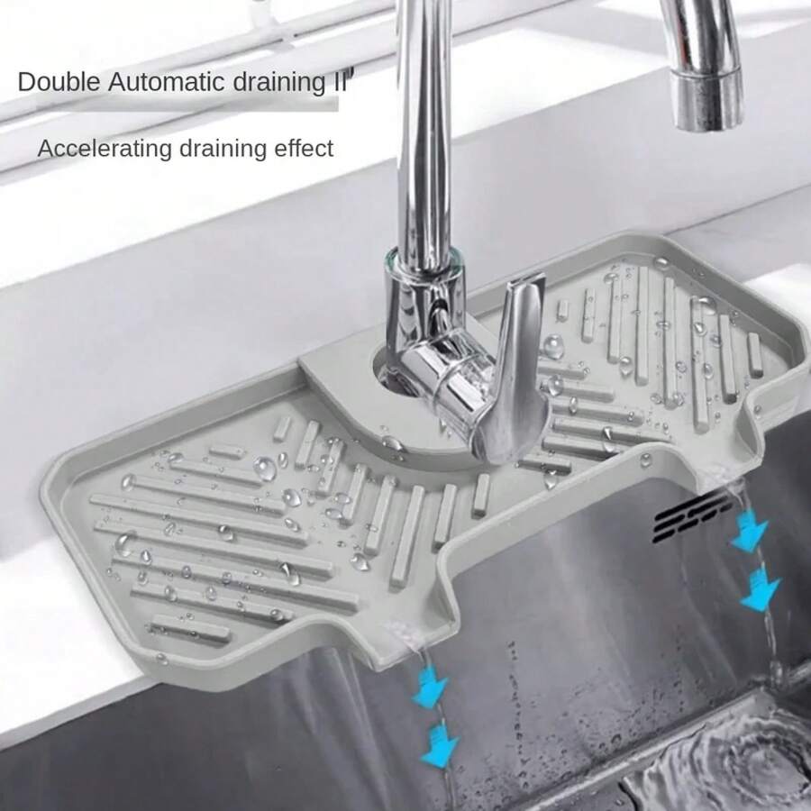 Protector contra salpicaduras de fregadero, estera receptora de agua de silicona detrás del grifo, bandeja de drenaje del fregadero con 3 hebillas ajustables, soporte de jabón de barra suave, 1 ud. - Gris - Ver 1
