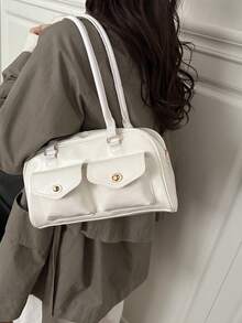 1pc Minimalist Retro Zipper Decor Shoulder Strap Pocket Handbag, Suitable For Women's Casual And Work Use - White - View 3