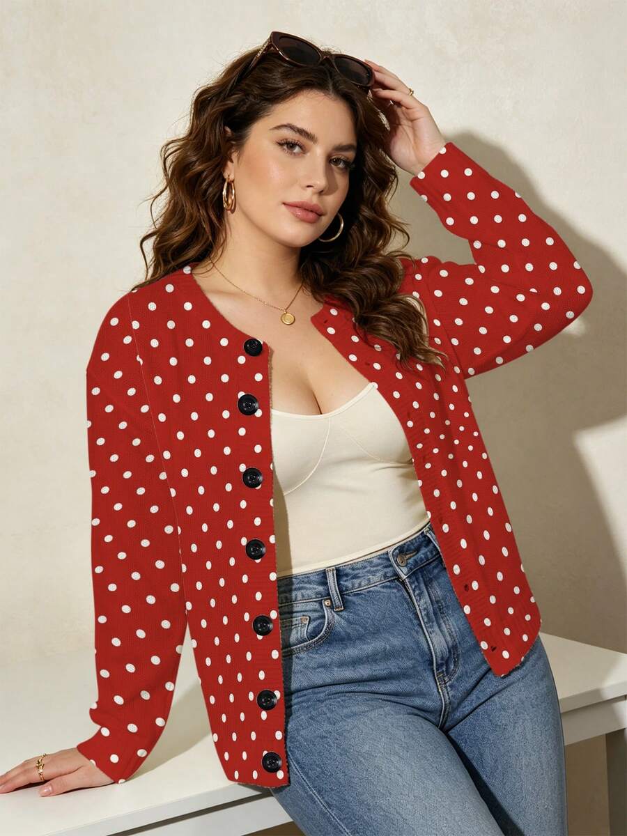 ASHKATIA Plus Size Women's Red Polka Dot Pattern Old Money Vintage Style Long Sleeve Cardigan Vacation - Multicolor - View 1