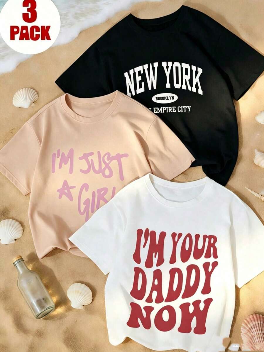 T-Shirt Packs. Single Garment, Not A 3-Piece Set. 1 Piece/Set Of Short-Sleeved T-Shirts Suitable For Streetwear, Daily Outings, Camping, Concerts, Hip-Hop, Rock, And Rap Events. Short-Sleeved, Round Neck With Letter Print, Casual And Loose, Versatile And Fashionable For Everyday Wear For Women. - 黑色 - 查看 1