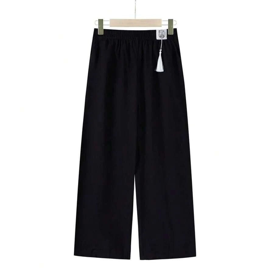 Pantalones Largos Finos de Verano de Algodón y Lino, Frescos 2.0, Suaves, de Alta Elasticidad, Casuales Diarios para Mujer, Tallas Grandes, Color Sólido - Negro - Ver 1