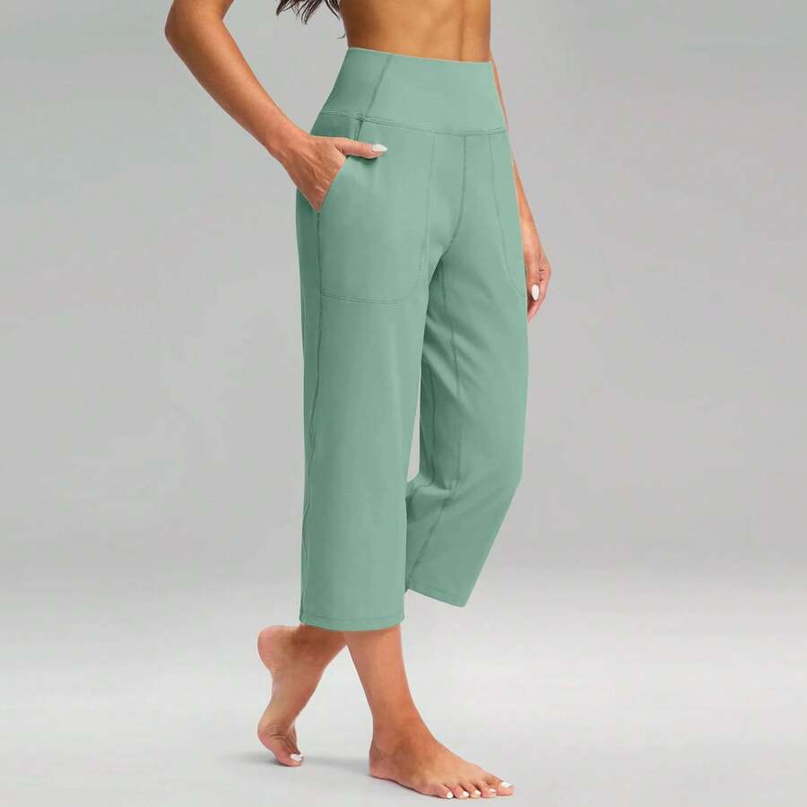 Pantalones Capri de pierna ancha de cintura alta para mujer, pantalones ajustados de tela elástica tejida para Fitness, pantalones de Yoga para deportes al aire libre y interiores - Verde - Ver 1