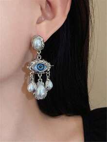 1 Pair Vintage French Style Exaggerated Unique Design Big Eye Long Faux Pearl Tassel Earrings, Fashion Water Drop Dangle Earrings, Suitable For Holiday, Party, Festival Jewelry Gift - Bạc - Xem 3