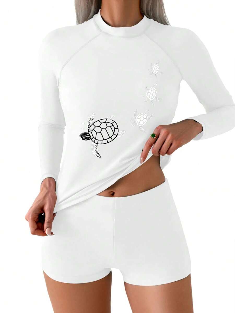 Women Vintage Tight Fitting Sports Beach Surfing Long Sleeve Rash Guard Swimsuit 2 Piece Set Pullover Swimwear With Boyshorts Diving Suit High Elasticity, Sun Protection, Quick Drying, Surfing, Diving, Outdoor Swimming, Sunbathing - White - View 1