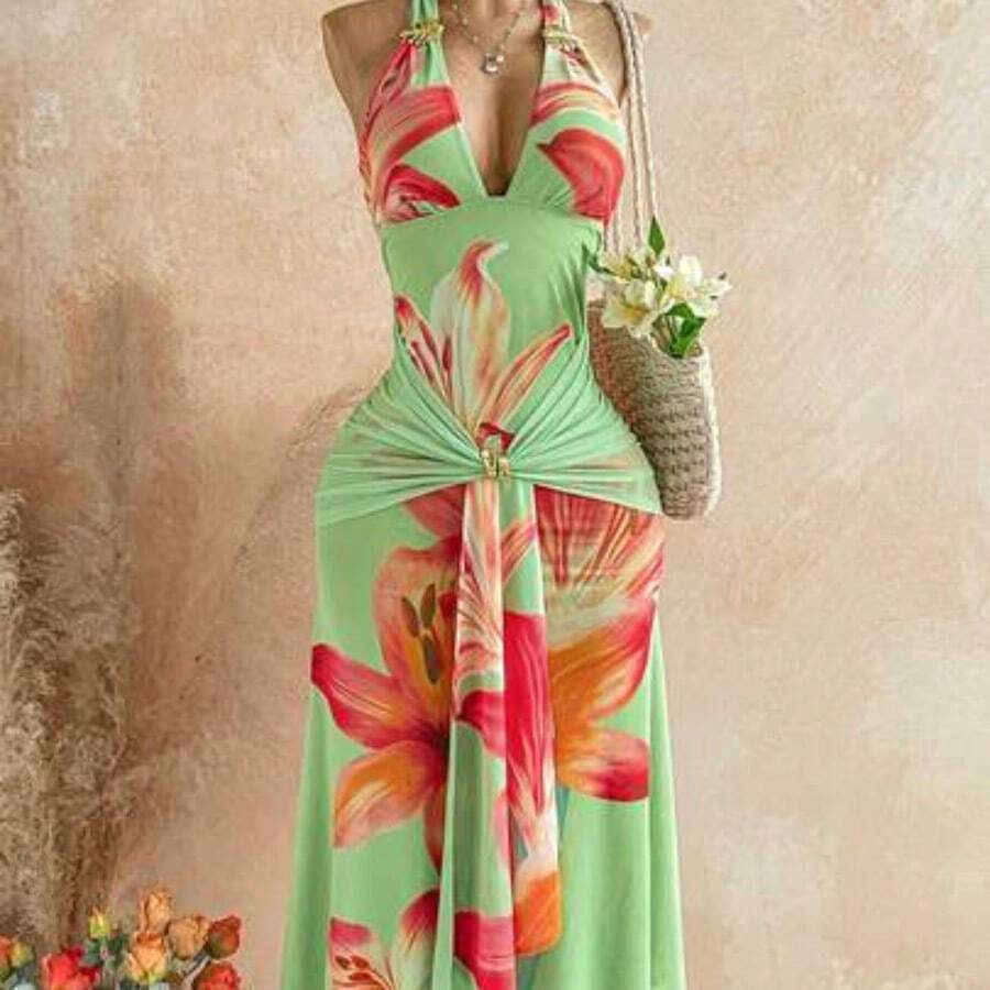 WYWH Spring/Summer New Casual Vacation Western Beach Wedding Guest Attire Graduation Brunch Dress, St. Patrick's Day Spring Break Easter Music Festival Elegant Boho Tropical Backless Metallic Decor Mesh Floral Print Valentine's Day Party Bow Tie Maxi Dress For Women Luau Dress Women Vacation Dinner Dress - Verde - Ver 1