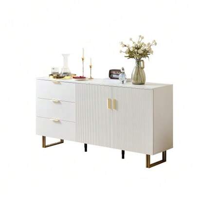 Modern Sideboard With Two Doors And Three Drawers – Elegant MDF Furniture With Gold-Colored Aluminum Alloy And Sturdy Steel Legs, Stylish Storage Space For Your Living Room Or Dining Room – 160 *