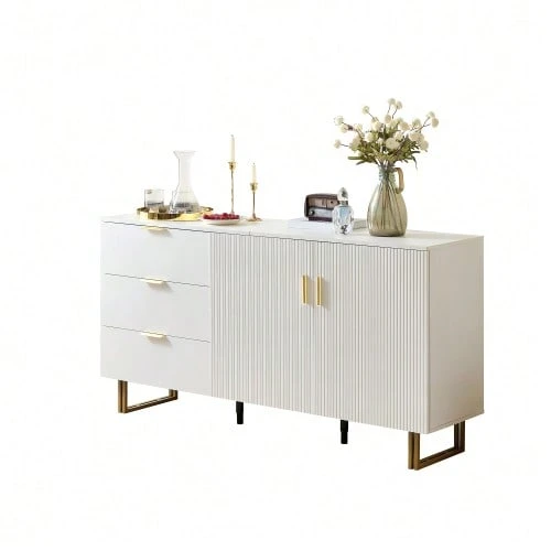Modern Sideboard With Two Doors And Three Drawers – Elegant MDF Furniture With Gold-Colored Aluminum Alloy And Sturdy Steel Legs, Stylish Storage Space For Your Living Room Or Dining Room – 160 * - 白色 - 查看 1