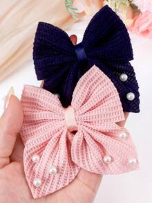 8pcs Random Multi-Color Waffle Pearl Bow Hair Clips, Vintage Soft Girl Daily Versatile Hair Accessories - Multicolor - View 7