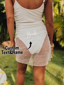 Customized Bridal Pearl Beaded Mesh Bodycon Dress White Mesh Cover-Up Suitable For Bachelorette Party, Beach Wedding, Bridesmaid Party Accessories|Bachelorette Party Gift|Pearl Bachelorette Party|Pearl Bridal Gift - Multicolor - View 4