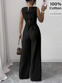 Conjunto de dos piezas para mujer color beige sólido, chaleco sin mangas con diseño de nudo en la espalda y pantalones anchos de cintura alta, estilo elegante y versátil, ideal para oficina, reuniones, eventos, uso diario y salidas casuales en primavera, verano y otoño - Negro - Ver 7