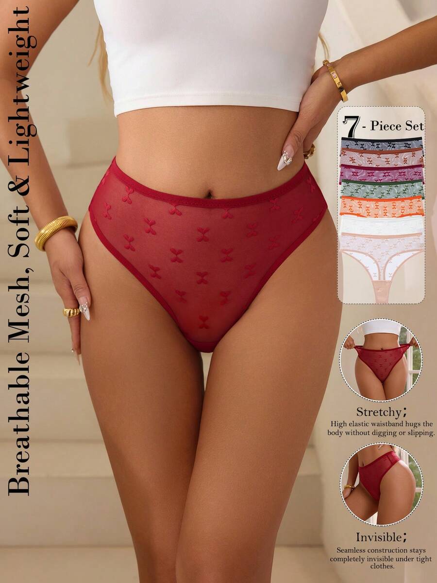 Aofeiqike 7pcs Heart Mesh Mid-Waist Sexy Transparent Breathable Women's Panties