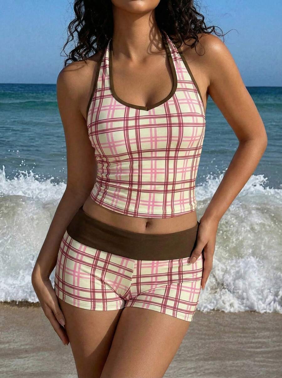 Sultry Sol 女士比基尼泳衣,夏季T恤,复古格子碎花图案,内置胸罩,适合外出、生日、日常休闲穿着,Y2K风格,2000年代风格,优雅,街头风,海滩度假 - 粉色 - 查看 1