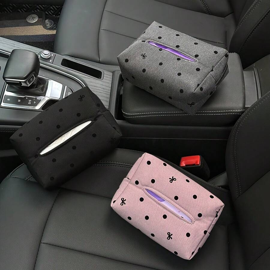 1pc Cute Polka Dot Bow Car Tissue Box, Creative Car Interior Decor Tissue Paper Holder - A - View 1