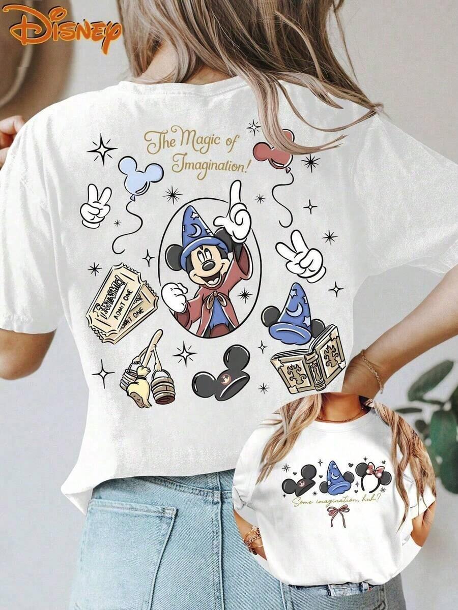 Oversize T-Shirt Disney Cartoon Magic Hat Cartoon Mouse Double T-Shirt, Suitable Daily Wear Easy Wear Summer Shirt, Holiday Gift - 白色 - 查看 1