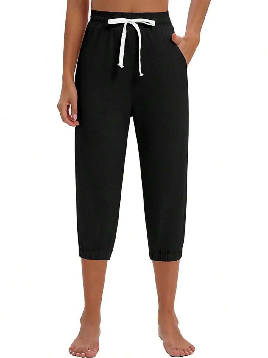 Pantalones capri de cintura alta con cordón para mujer, ropa informal y versátil, primavera y verano - Negro - Ver 1
