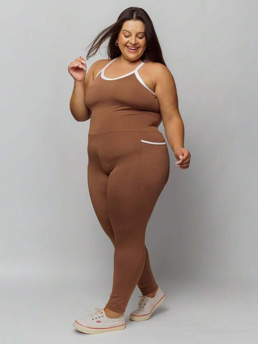 Plus Size Fitness Jumpsuit With Pocket 11312 - 鏽棕色 - 查看 1