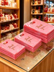 150pcs Pink Thank You Plastic Gift Bags Set - Durable, Fashionable, Reusable, 3 Sizes (Small, Medium, Large), Suitable For Retail Or Gift Shop Packaging, Gift Bags, Gift Wrapping, Fashionable Packaging, Sturdy Structure, Small Size With "Thank You" Design - Pink Thank You Gift Bag Set - View 1