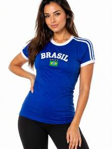 Women's Embroidered Brazil Shirt – Regular Fit, Casual Look, No River - 寶藍色 - 查看 4