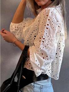 Camisa de mujer de un solo pecho bordada, para uso casual y diario, ideal para vacaciones de verano - Blanco - Ver 8