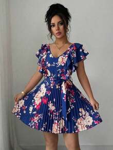 Vestido corto de vacaciones para mujer, estampado floral azul, cuello en V con volantes y falda plisada, elegante y romántico - Multicolor 4 - Ver 3