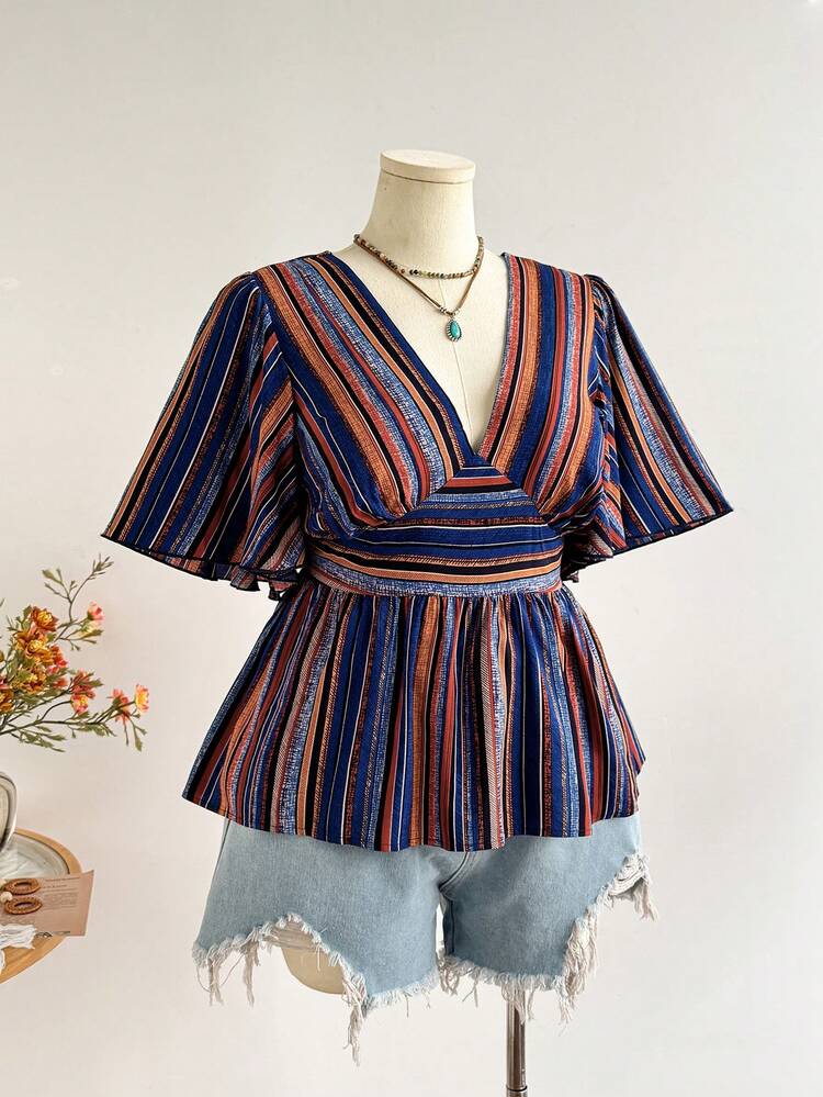 Rusttydustty Plus Size Women Bohemian Vacation Casual Blue Striped Cinched Waist V-Neck Ruffle Sleeve Top Summer - Blue - View 2