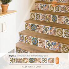 SUPSTICKER 1 Roll 4pcs Bohemian Geometric Floral Tile Stair Tread Stickers, PVC Self-Adhesive Waterproof Oil-Proof, 6/6.5/7/7.5/8x47.24 Inches, Suitable For Stairs, Kitchen Walls - 4PC - View 9