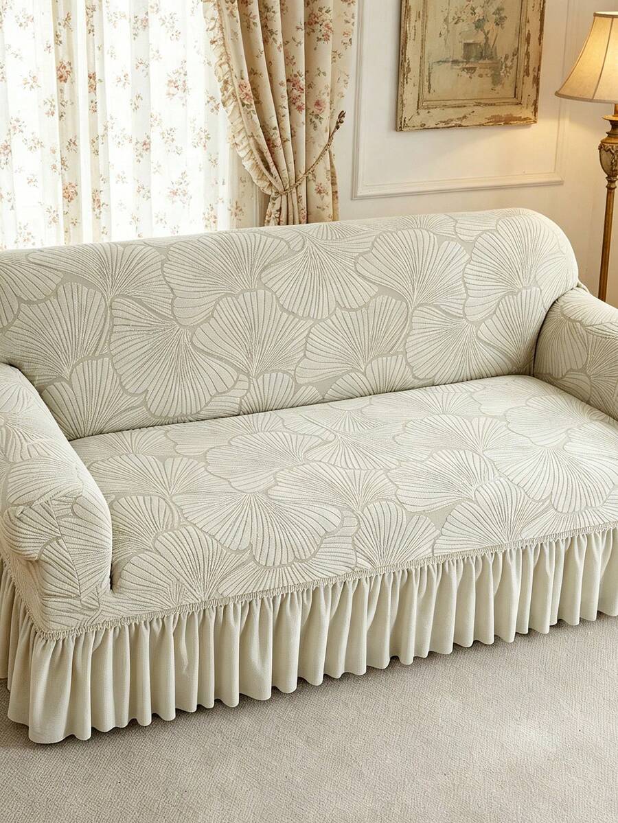1pc Beige Seashell Pattern Stretch Sofa Cover, Thick Romantic Style Sofa Slipcover Fit For 1/2/3/4 Seater L-Shaped Sofa, Suitable For Living Room, Bedroom, Hotel