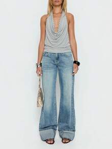 Womens Studded Halter Tank Tops Summer Fashionable Slim Fit Cowl Neck Backless Vest - Light Grey - View 5