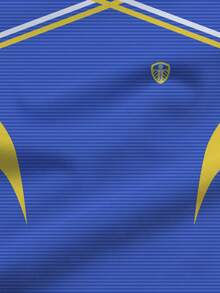 Blue Tone Leeds United Themed 3D Digital Print Short Sleeve Tee, Front Decorated With Badge Logo, Body Covered In Fine Horizontal Stripes, Shoulders And Sides Accented With Yellow-White Contrast Lines, Sleek Silhouette Combines Sports Vigor And Fresh Texture. - Multicolor - View 3