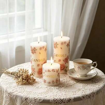 1/3pcs Vintage Rose Print Pillar Candles, Gold Foil Letter Decor Cylindrical Candles, Smokeless Soy Wax Candles, Suitable For Home Bedroom Living Room Decor, Wedding Bride Party Tabletop Decor, Housewarming Birthday Gift