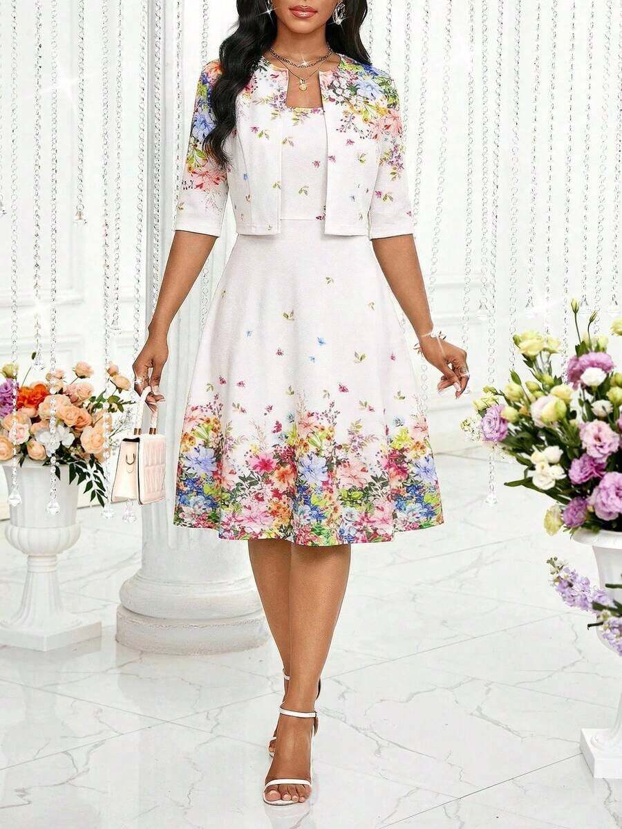 Lady Conjunto de falda larga y chaqueta corta de dos piezas, de colores brillantes y románticos, con un temperamento elegante y maduro, ideal para primavera y verano - Multicolor 7 - Ver 1