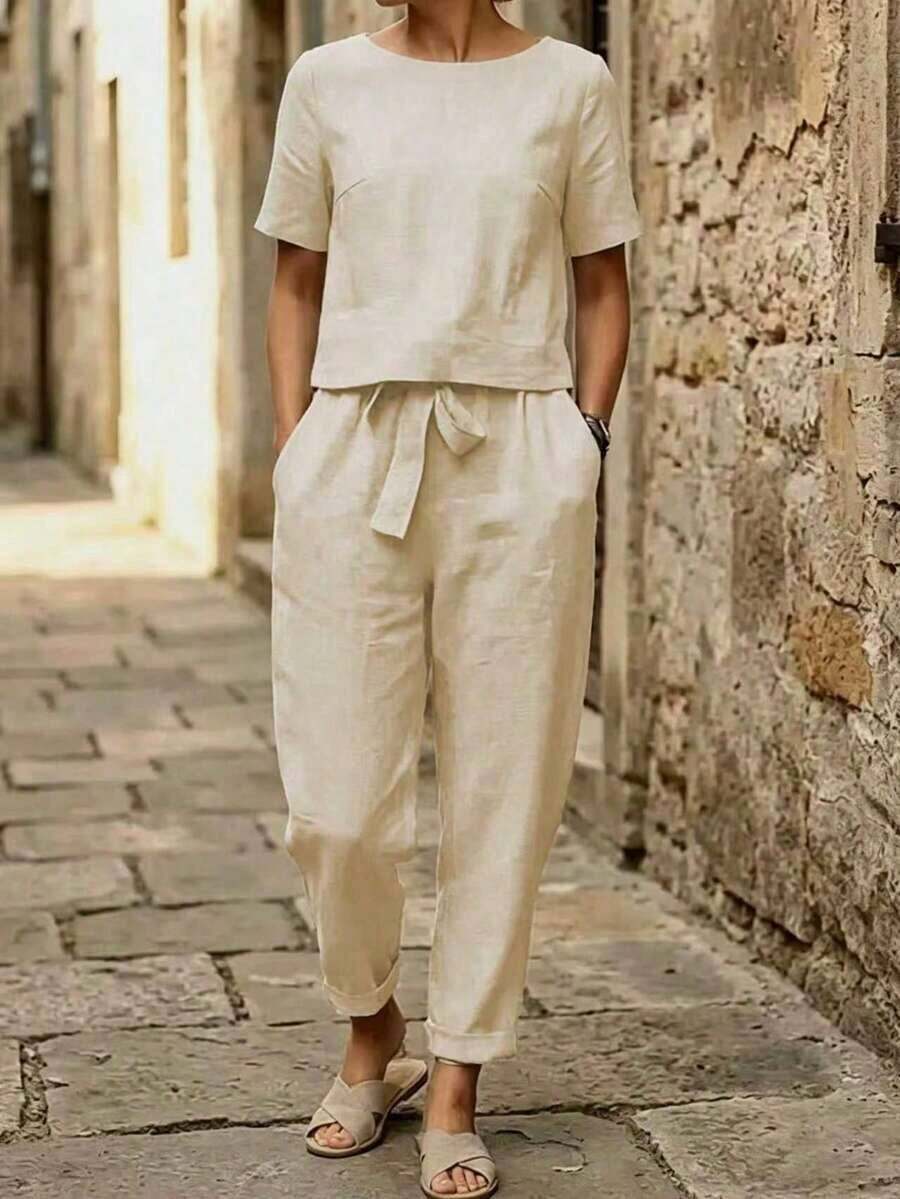 Conjunto casual de 2 piezas de unicolor para mujer, blusa de manga corta y pantalón largo de unicolor, uso diario elegante para el verano - Albaricoque - Ver 1