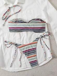 Nuevo bikini sexy con estampado de rayas, con tirantes desmontables/sin tirantes (para mujer), adecuado para la playa, fiesta en la piscina, vacaciones de verano - Multicolor - Ver 3