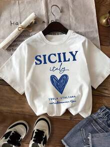 Summer Tops: Retro Style Short-Sleeved T-Shirt For Spring And Summer, T-Shirt With The Inscription "Sicily, Italy", Retro And Artistic Short-Sleeved Shirt For Girls, Fashionable, Casual, Sporty And For Outdoor Activities In Spring And Summer Style, Girls' Round Neck Short-Sleeved Shirt, Cotton T-Shirt, Summer Outfit. - White - View 6