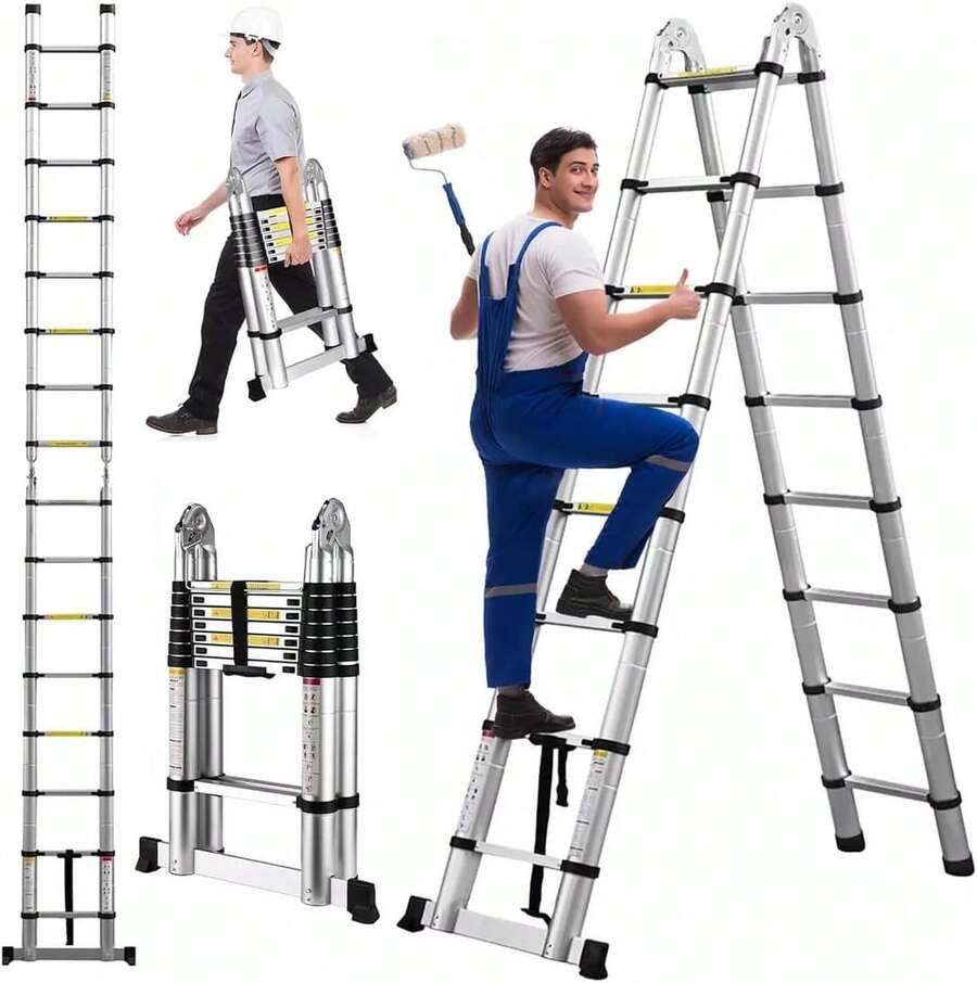 Vandise Telescoping A Frame Ladder 3.8 Extension Ladder Stainless Steel Folding Ladder With Stabilizer Bar 150kg Home Office Loft Garage - 3.8M(1.9+1.9) - 查看 1