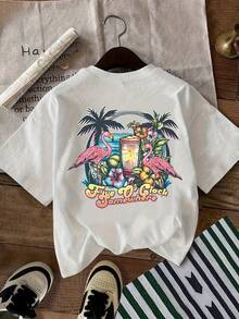 Sommartoppar: Dam-T-shirt med 100 % grafiskt tryck – Livfullt tropiskt tryck med flamingos och palmer, avslappnad rundhalsad kortärmad T-shirt för sommar-, strand- eller fritidskläder, bomulls-T-shirt, sommaroutfit. - Vitt - Visa 6