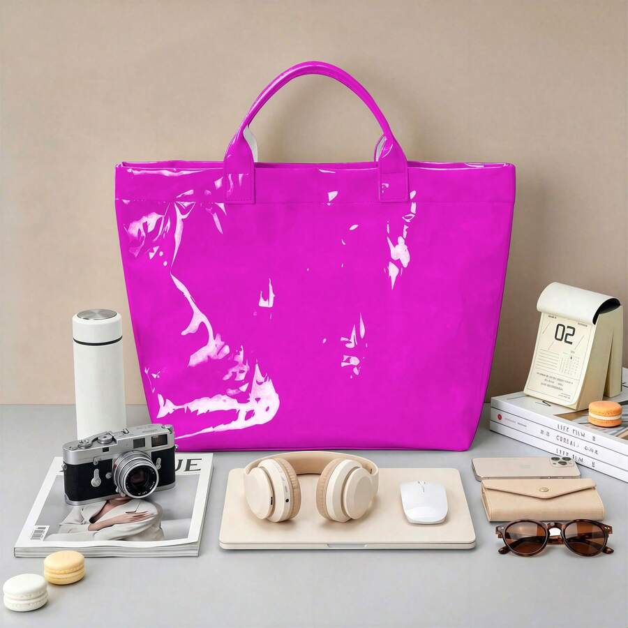 1pc Women' Elegant Lightweight Tote Bag - PVC-Fabric Handbag Suitable For Travel, Commuting, Parties, Hand Washable, Spacious Casual Purse For Clothing, Cosmetics Storage Gift For Family - Hồng - Xem 1