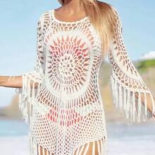 Summer Handmade Crochet Bikini Cover-Up With Hollow Design, Sexy Tassels, Loose Fit For Beach Wear - White - View 1