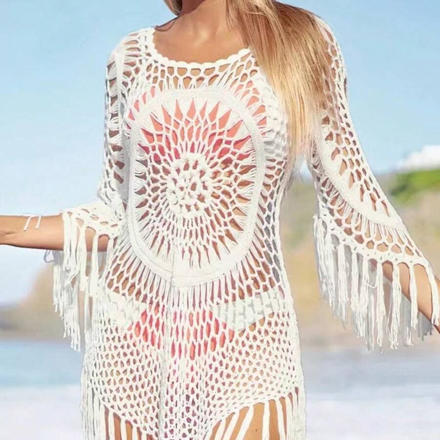 Summer Handmade Crochet Bikini Cover-Up With Hollow Design, Sexy Tassels, Loose Fit For Beach Wear - White - View 1