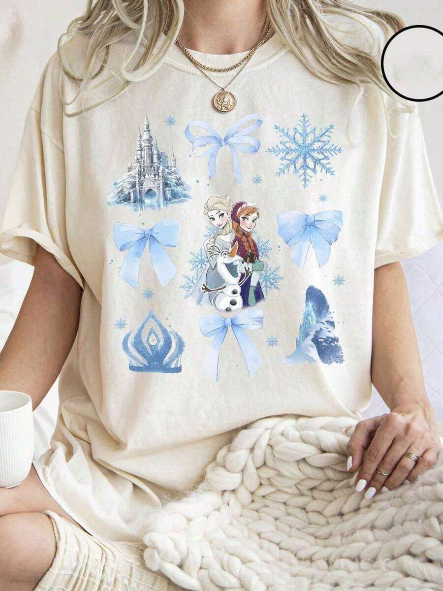 Disney Cartoon Ice And Snow Sisters Flower Atmosphere Printed T-Shirt, Suitable For Daily Wear, Easy To Wear In Summer, Micro-Elastic, Soft Round Neck Casual Daily Shirt, Round Neck Summer Sweatshirt, Both Men And Women, Loose Version, Holiday Gifts.--Disneys Disneyland Paris The Magic Kingdom Disneyesque The House Of Mouse Mickey Mouse Empire Modest Summer Outfits Take That T Shirt Summer Coord Tops For Women Summer Summer Clothes Women Summer Clothes Summer Tops Summer Tops Women Summer Co Ord Summer Top Summer Outfits White Top Black Top Holiday Outfits For Women  Tops For Women Summer Holiday Gifts Valentine's Day Gifts Earth Day Gifts Oktoberfest Gifts Summer Bank Holiday Gifts - 白色 - 查看 1
