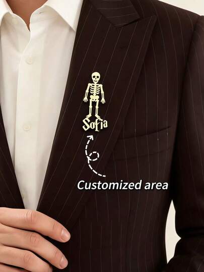 Customized One Button Brooch [Customization] Personalized Halloween Skeleton Brooch, Golden Skeleton Name Brooch, Customized Jewelry Gift, Holiday Gift, Halloween Gift, Perfect Gift For Friends, Family, And Her