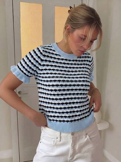 Women's Casual Contrast Color Ruffle Trim Round Neck Short Sleeve Knit Top, Summer