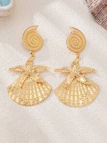 1 Pair Festival Earrings - Bold Layered Shell & Starfish Dangle Earrings For Summer & Rave Events - Yellow Gold - View 6