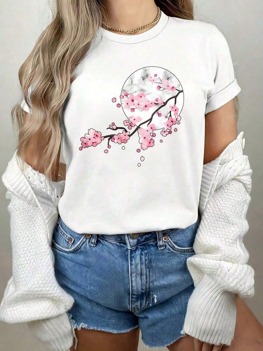 Camiseta Casual de Poliéster para Mujer con Estampado de Letras, Manga Corta y Cuello Redondo, Adecuada para Verano y Primavera, Largo Regular. - Blanco - Ver 1