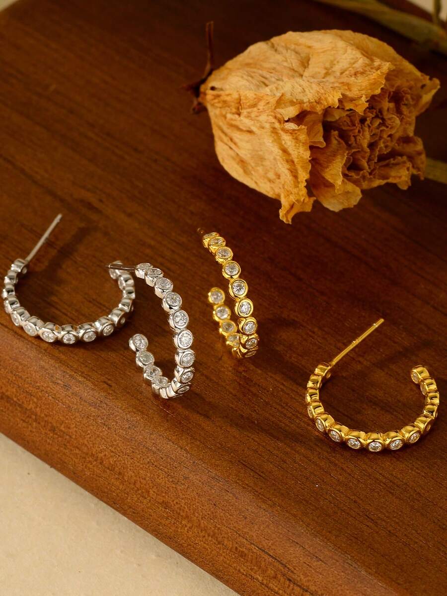 奢华复古925纯银镶嵌锆石C形设计可叠戴耳环，女士款 - C-Shape Earrings - 查看 1