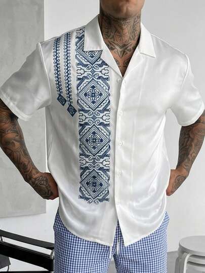 glestore FEIAO herrskjorta i klassisk retrostil i polyester. Mjuk vid beröring och lämplig för alla årstider. Mångsidig för både semester och arbete.